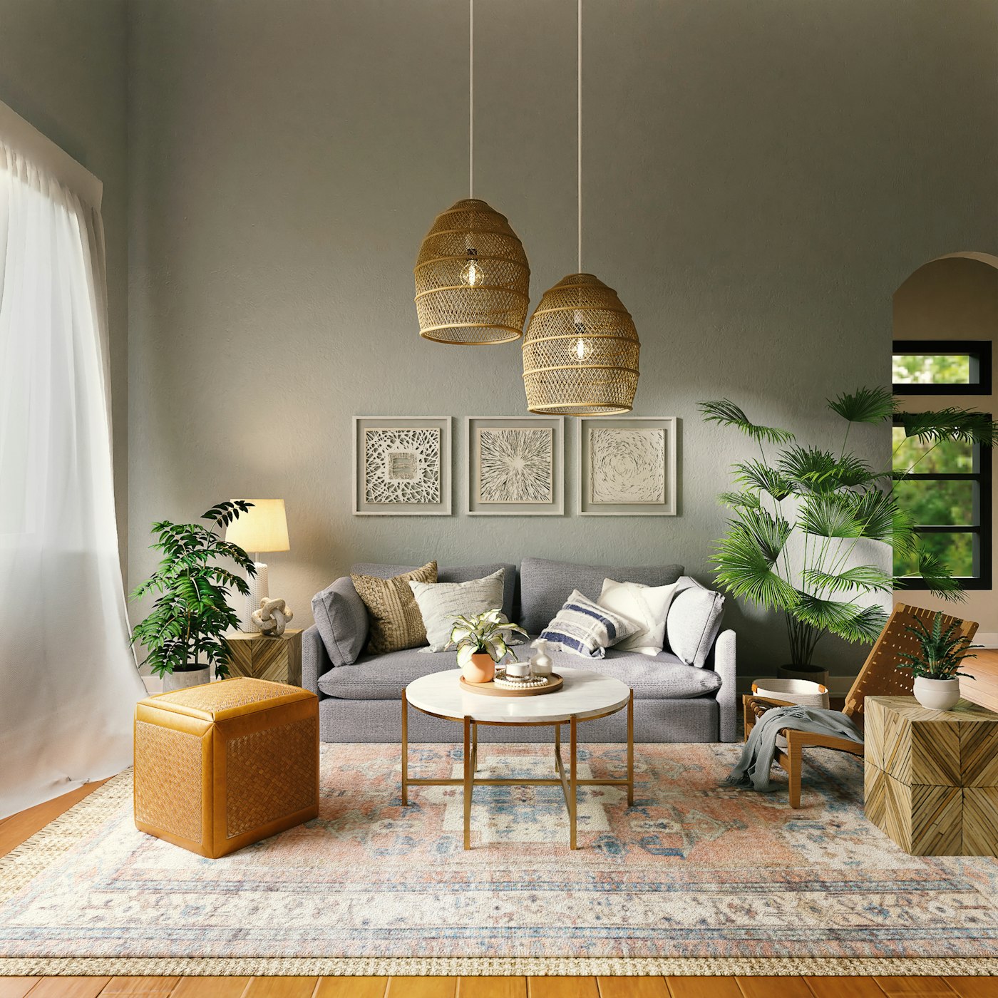 Interior hangat dengan lampu gantung rotan